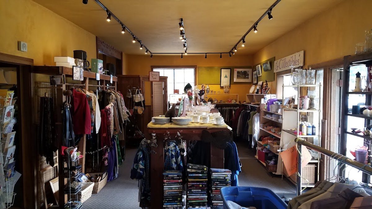 Clothing racks and counter inside the shop