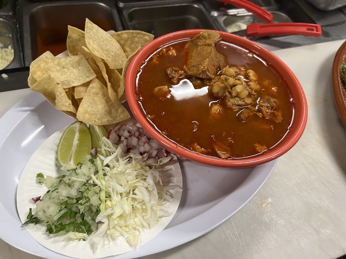 Pozole — hominy stew with tender pork